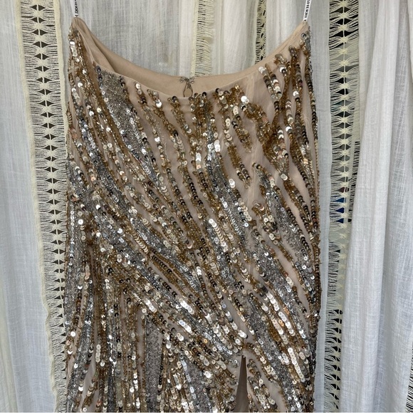 Sherri Hill Striped Sequin Beaded Formal Gold Prom Slit Maxi Skirt 51737 Size 0 - Picture 6 of 11